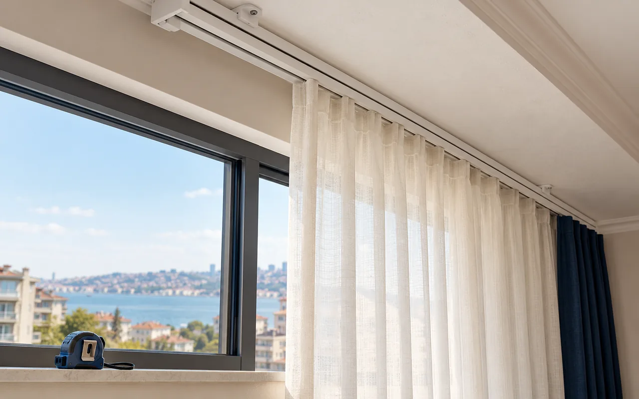 Pencere üzerinde tavana sabitlenmiş perde kornişi, tül perde ve pencere önünde şerit metre