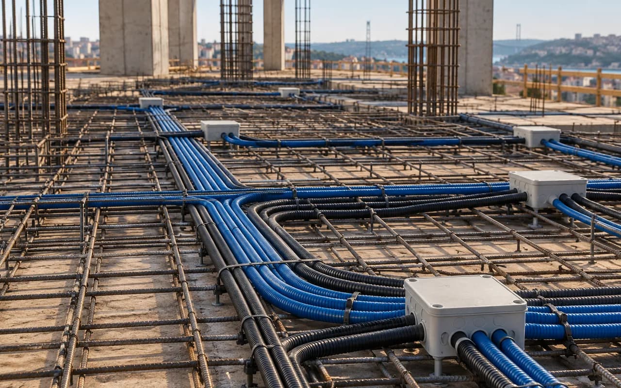 Beton dökümünden önce donatı arasına yerleştirilmiş elektrik boruları ve bağlantı kutuları