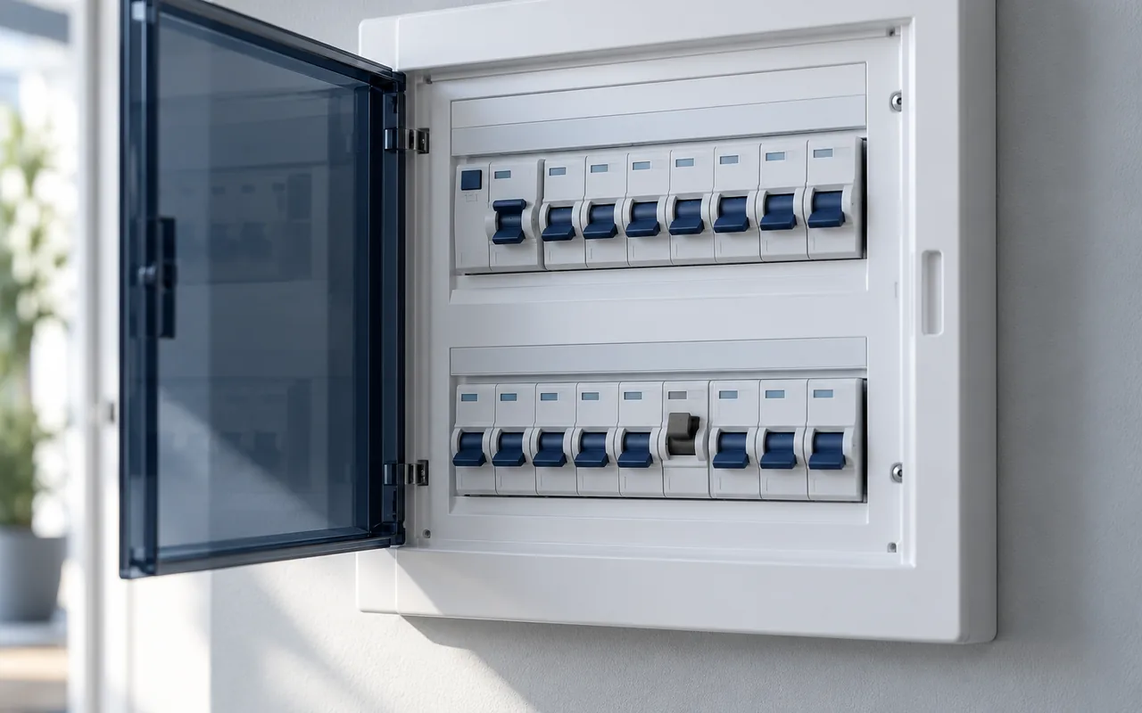 Koruyucu ön panel üzerindeki sıralı otomatik sigortaları gösteren konut elektrik panosu